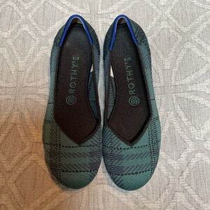 Rothy's Women's Retired Flat Pine Plaid Green and Blue Slip On Flats